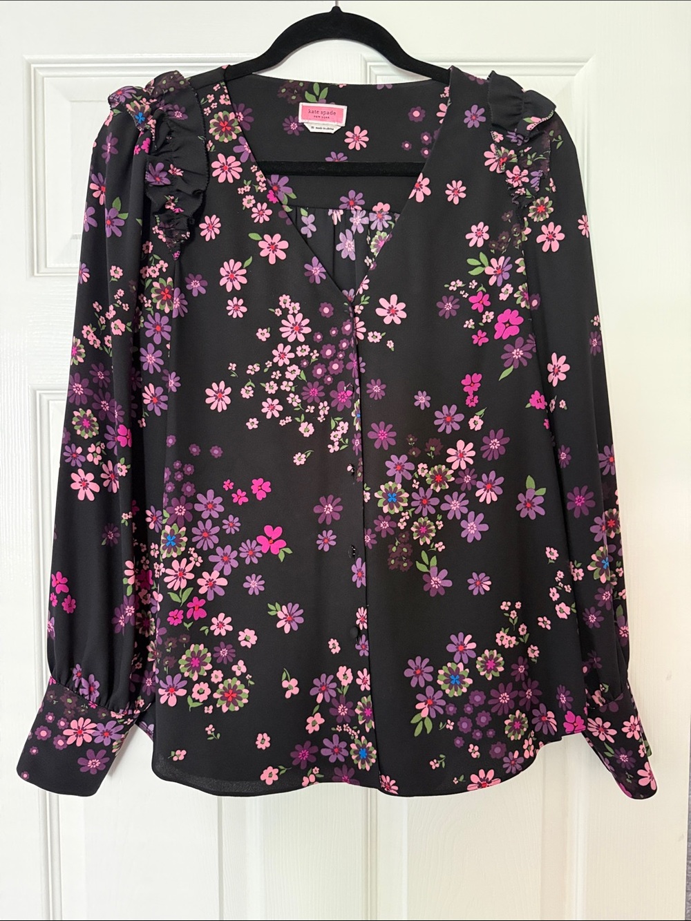 kate spade Bora Floral Black V-Neck Ruffle-Shoulder Blouse - Picture 3 of 8